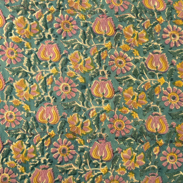 Pure Cotton Mul Jaipuri Rust Blue With Mustard And Pink Jungle Flower Jaal Hand Block Print Fabric