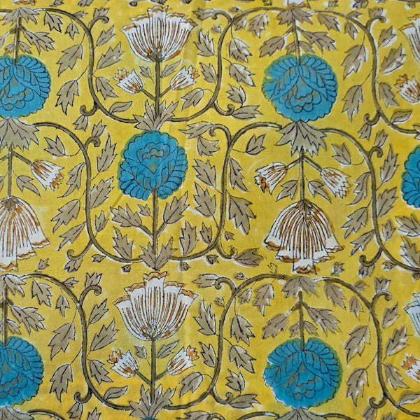 Pure Cotton Jaipuri Yellow With White And Blue Intricate Design Flower Jaal Hand Block Print Fabric