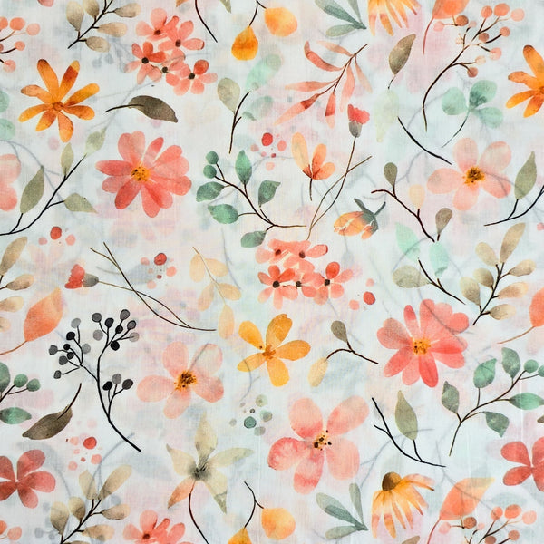 Pure Cotton Mul White With Orange Floral Flower Jaal Digital Print Fabric