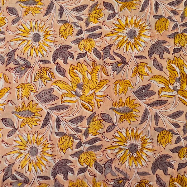 Pure Cotton Mul Peach With Mustard Flower Jaal Hand Block Print Fabric