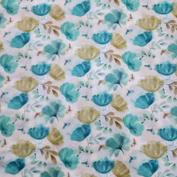 Pure Cotton Mul White With Teal Blue And Green Tulips Screen Print Fabric