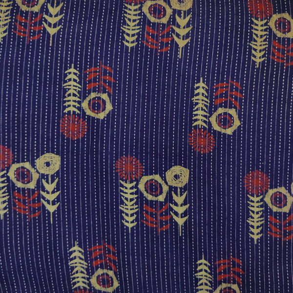 Pre-cut 1.60 meter prePure Cotton Navy Blue Kaatha Dabu With Three Plants Hand Block Print Fabric