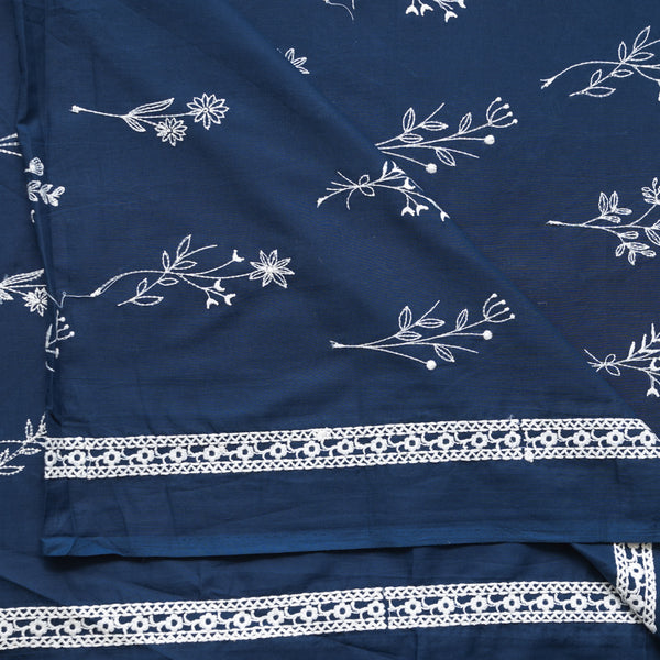 ( Width 44 Inches ) Pure Cotton Navy Blue With White Assorted Flower Plants Embroidered Fabric