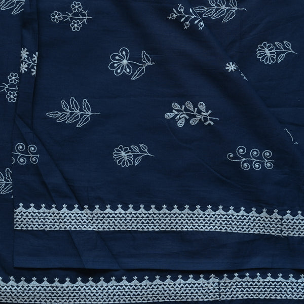 ( Width 44 Inches )Pure Cotton Navy Blue With White Small Assorted Flower Plants Embroidered Fabric