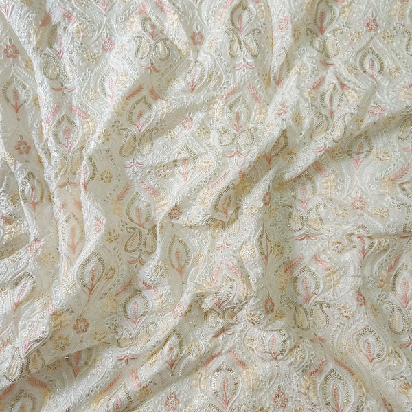 ( Width 45 Inches ) Pure Cotton Off White With Pink Floral Intricate Design Emboiderey Work All Over Fabric Hand Woven Fabric