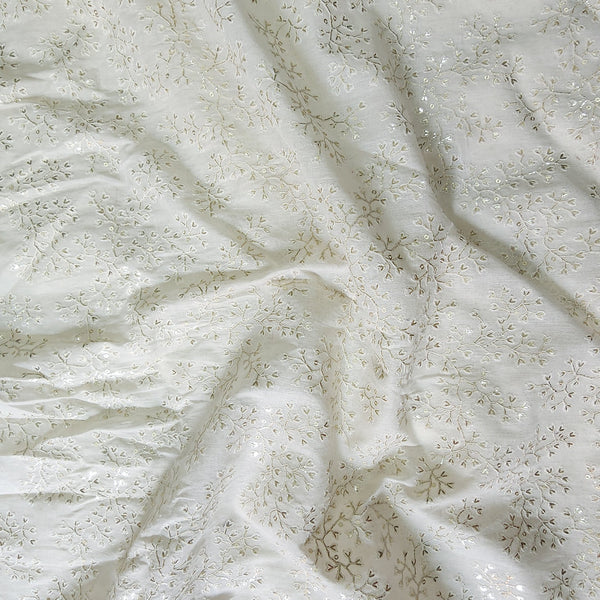 ( Width 46 Inches ) Pure Cotton Off White With Silver Small Flower Jaal Emboiderey Work All Over Fabric Hand Woven Fabric