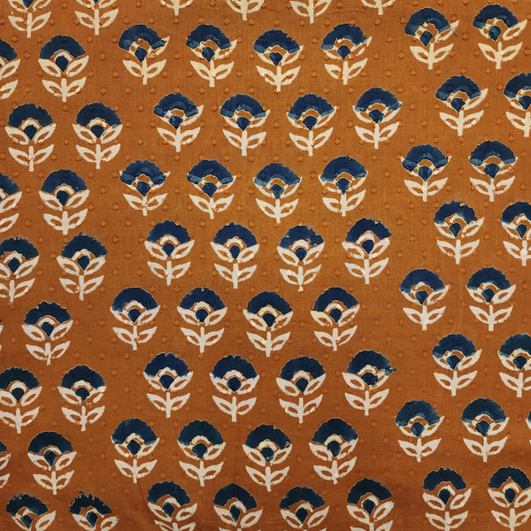 ( Pre-Cut 1.90 Meter ) Pure Cotton Orange Discharge With Blue Cream Flowers Hand Block Print Fabric