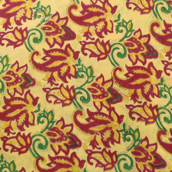 Pre Cut (1.70 Meter) Pure Cotton Pastel Yellow With Maroon Red Wild Flower Jaal Hand Block Print Fabric