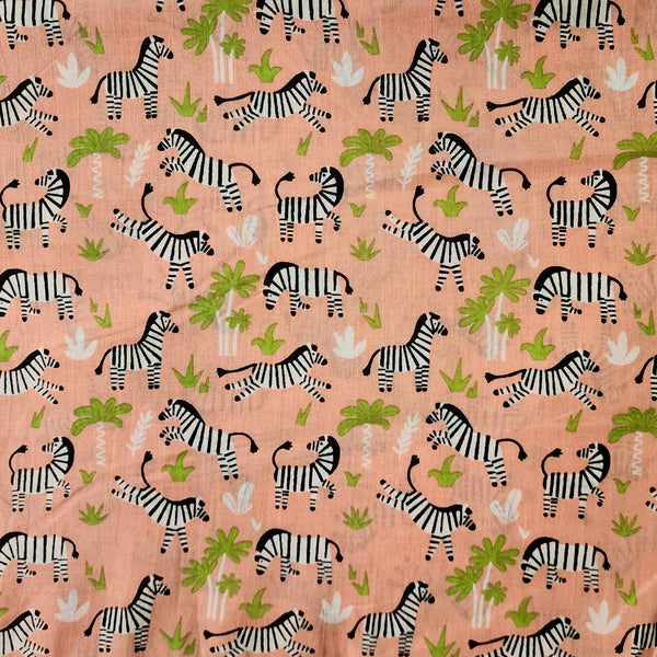 Pure Cotton Peach With Zebra Animal Screen Print Fabric