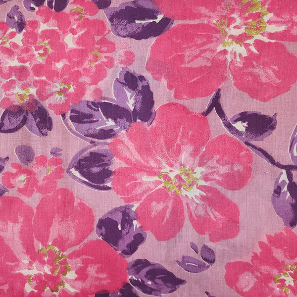 Pure Cotton Pink With Purple Leaves And Pink Big Flower Jaal Screen Print Fabric