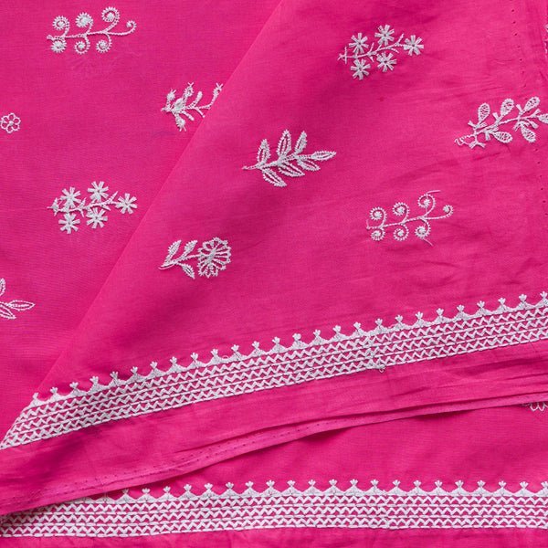 ( Width 44 Inches )Pure Cotton Pink With White Small Assorted Flower Plants Embroidered Fabric