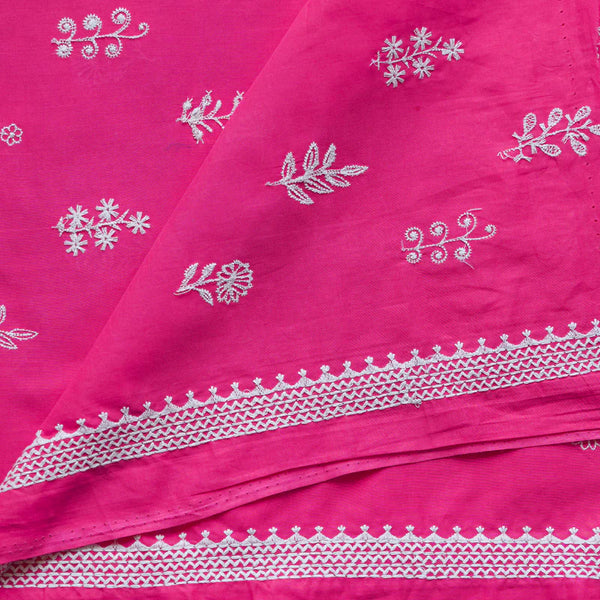 ( PRE-CUT 1.20 METER ) ( Width 44 Inches )Pure Cotton Pink With White Small Assorted Flower Plants Embroidered Fabric