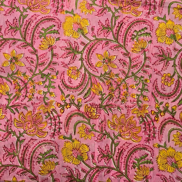 Pure Cotton Pink With Yellow Flower Jaal Hand Block Print Fabric