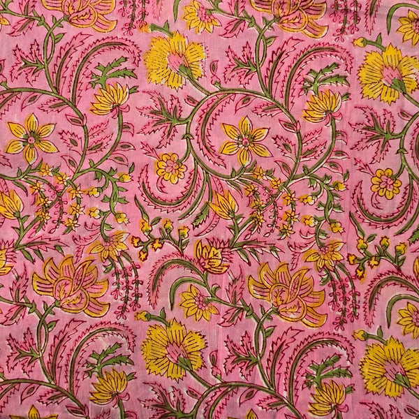 Pre-Cut 0.80 Meter Pure Cotton Pink With Yellow Flower Jaal Hand Block Print Fabric