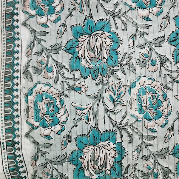 ( Pre-Cut 2 Meter ) Pure Cotton Pintucks Jaipuri Grey With Blue Big Jungle Flower Jaal Hand Block Print Fabric