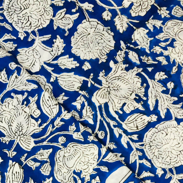 ( Pre-Cut 2.25 Meter ) Pure Jaipuri Cotton Blue With White Flower Jaal Hand Block Print Fabric