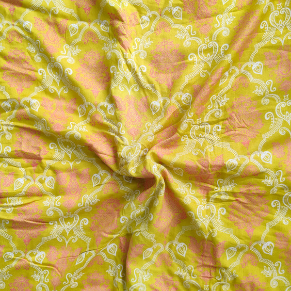 Pure Cotton Rayon Green With Orange Intricate Design Screen Printed Fabric