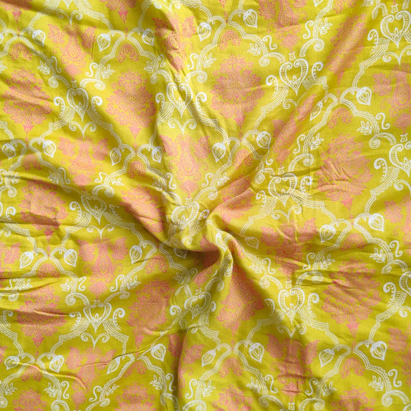 ( PRE-CUT 2 METER ) Pure Cotton Rayon Green With Orange Intricate Design Screen Printed Fabric