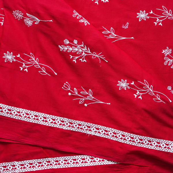 ( PRE-CUT 2.40 METER ) ( Width 44 Inches ) Pure Cotton Red With White  Assorted Flower Plants Embroidered Fabric