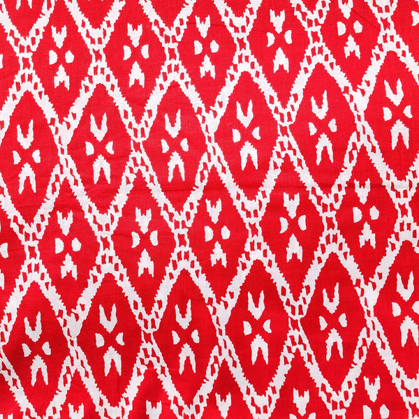 Pure Cotton Red With White Intricate Diamond Jaal Screen Print Fabric