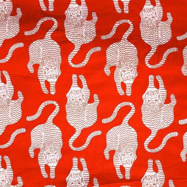 Pure Cotton Red  With White Tiger Screen Print Fabric