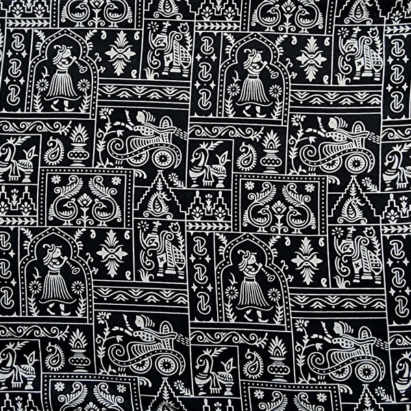 Pure Cotton Screen Print Black And White Warli Design Fabric