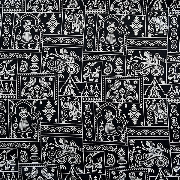 ( PRE-CUT 1.45 METER ) Pure Cotton Screen Print Black And White Warli Design Fabric