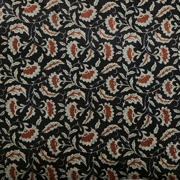 Pure Cotton Screen Print Black With Maroon And Grey Flower Jaal Print Fabric