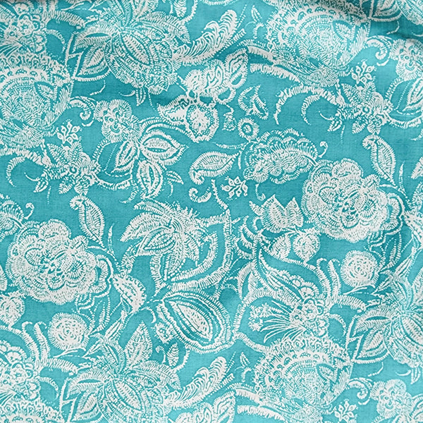 Pure Cotton Screen Print Blue With White Jungle Flower Jaal Fabric