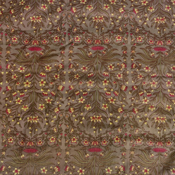 Pure Cotton Screen Print Brown With Yellow Flower Jaal Screen Print Fabric