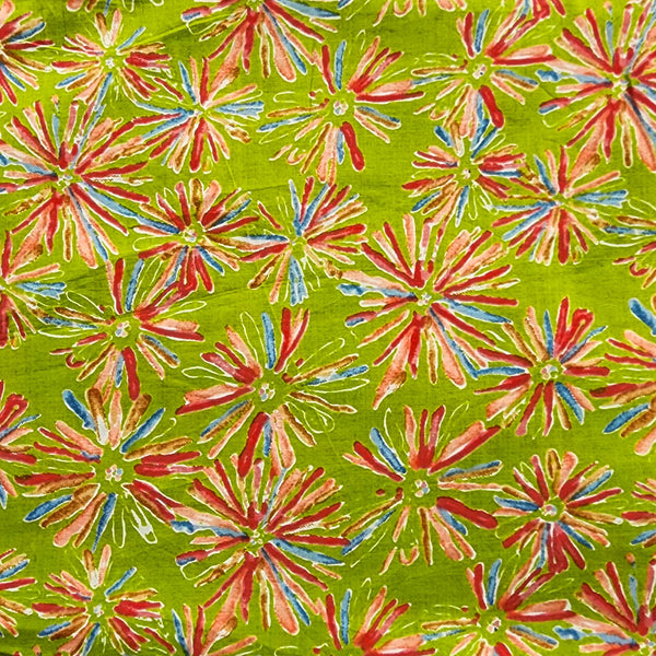 Pure Cotton Screen Print Green With Orange Flower Design Fabric