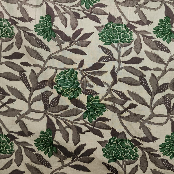 Pure Cotton Screen Print Grey With Green Flower Jaal Design Print Fabric