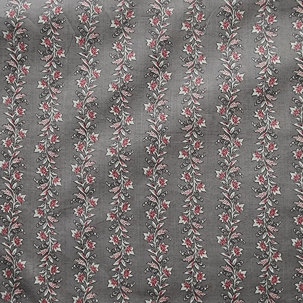 Pure Cotton Screen Print Grey With Tiny Flower Creeper Design Fabric