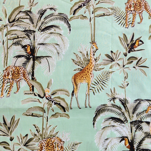 Pure Cotton Screen Print Mint Green Jungle Animals Fabric