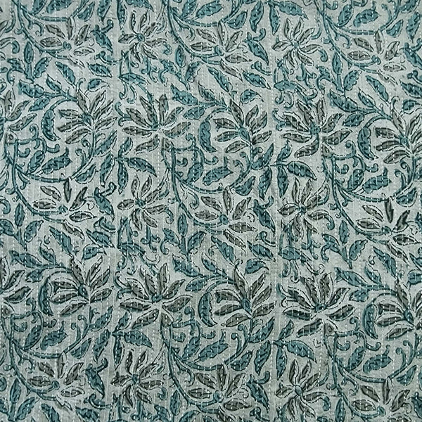 Pure Cotton Screen Print Mint Green With Grey Flower Jaal Design Fabric