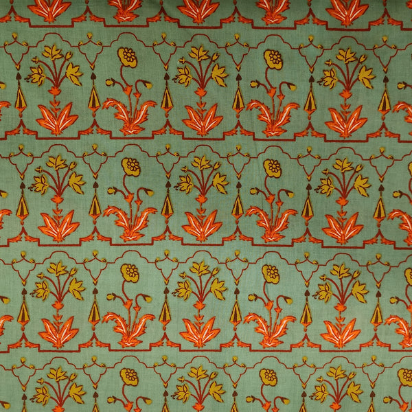 Pure Cotton Screen Print Mint Green With Orange Flower Motif Design Print Fabric