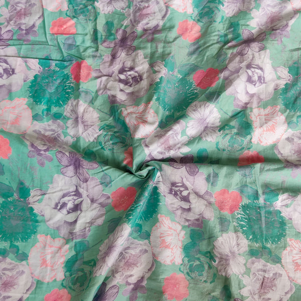 Pure Cotton Screen Print Mint Green With Pink And Purple Rose Fabric