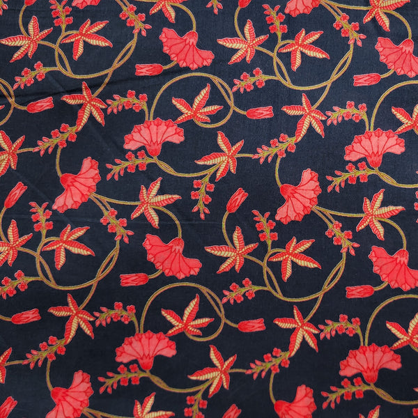 Pure Cotton Screen Print Navy Blue With Red Flower Jaal Design Fabric