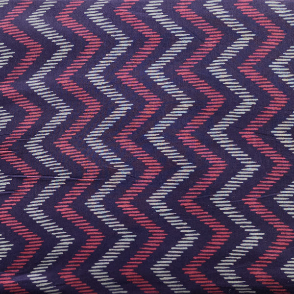 Pure Cotton Screen Print Navy Blue With Red Zig -Zag Fabric