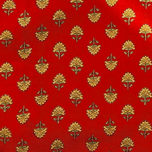 Pure Cotton Screen Print Red With Mustard Flower Design Fabric