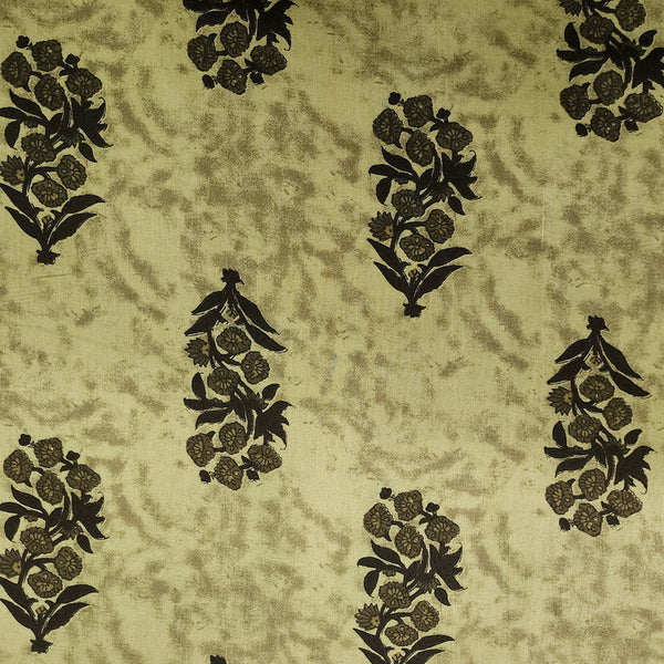 Pre-Cut 1 Meter Pure Cotton Screen Print Sandy Brown With Dark Brown Flower Motif Design Print Fabric