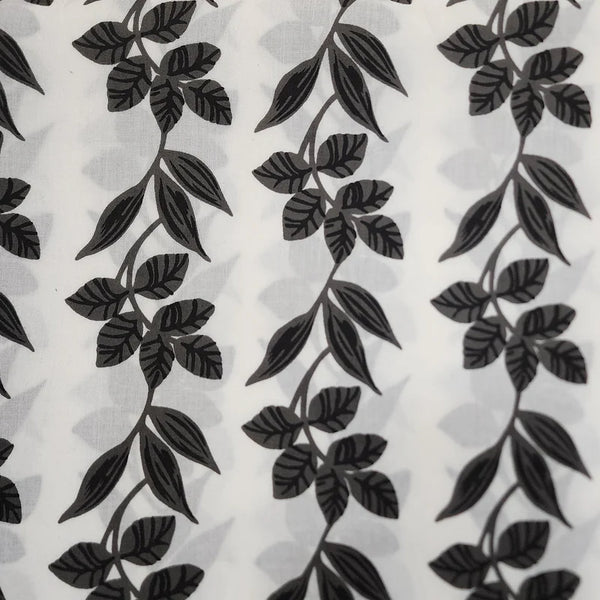 Per Cut (1.60 Meter) Pure Cotton Screen Print White With Black Flower Creeper Design Print Fabric