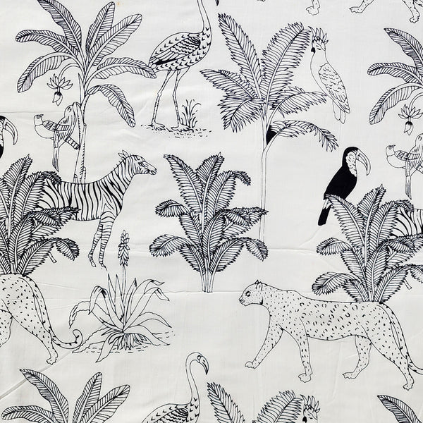 Pure Cotton Screen Print White With Black Jungle  Animals Fabric