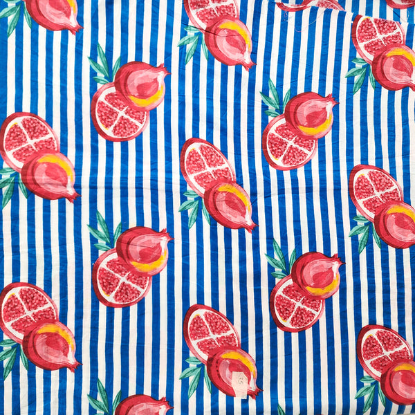 Pure Cotton Screen Print White With Blue And Red Pomegranate Fruit Fabric