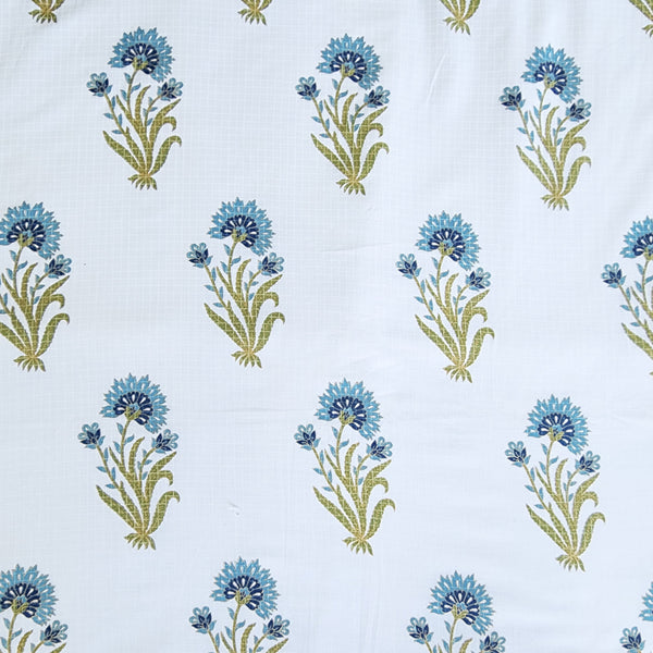 Pure Cotton Screen Print White With Blue Big Flower Motif Design Fabric