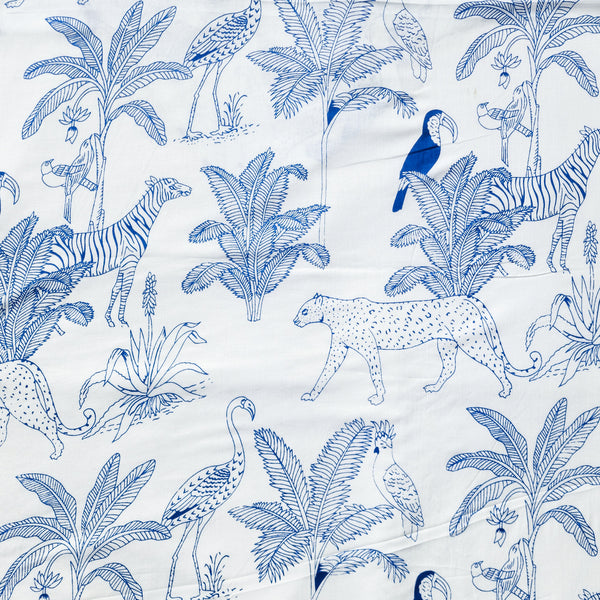 Pure Cotton Screen Print White With Blue Jungle  Animals Fabric