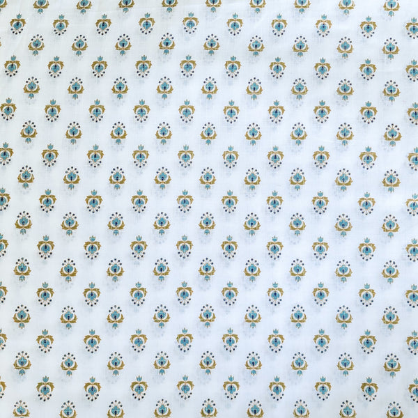 Pure Cotton Screen Print White With Blue Tiny Flower Motif Design Fabric