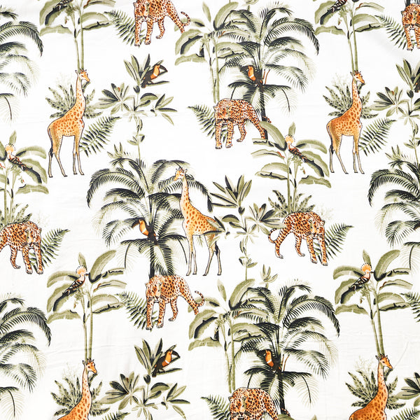 Pure Cotton Screen Print White With Green And Mustard Jungle  Animals Fabric