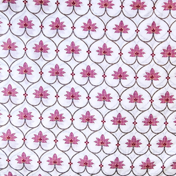 Pure Cotton Screen Print White With Pink Flower Jaal Intricate Design Fabric