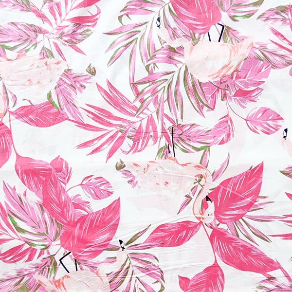 Pure Cotton Screen Print White With Pink Wild Jungle Leaves Fabric